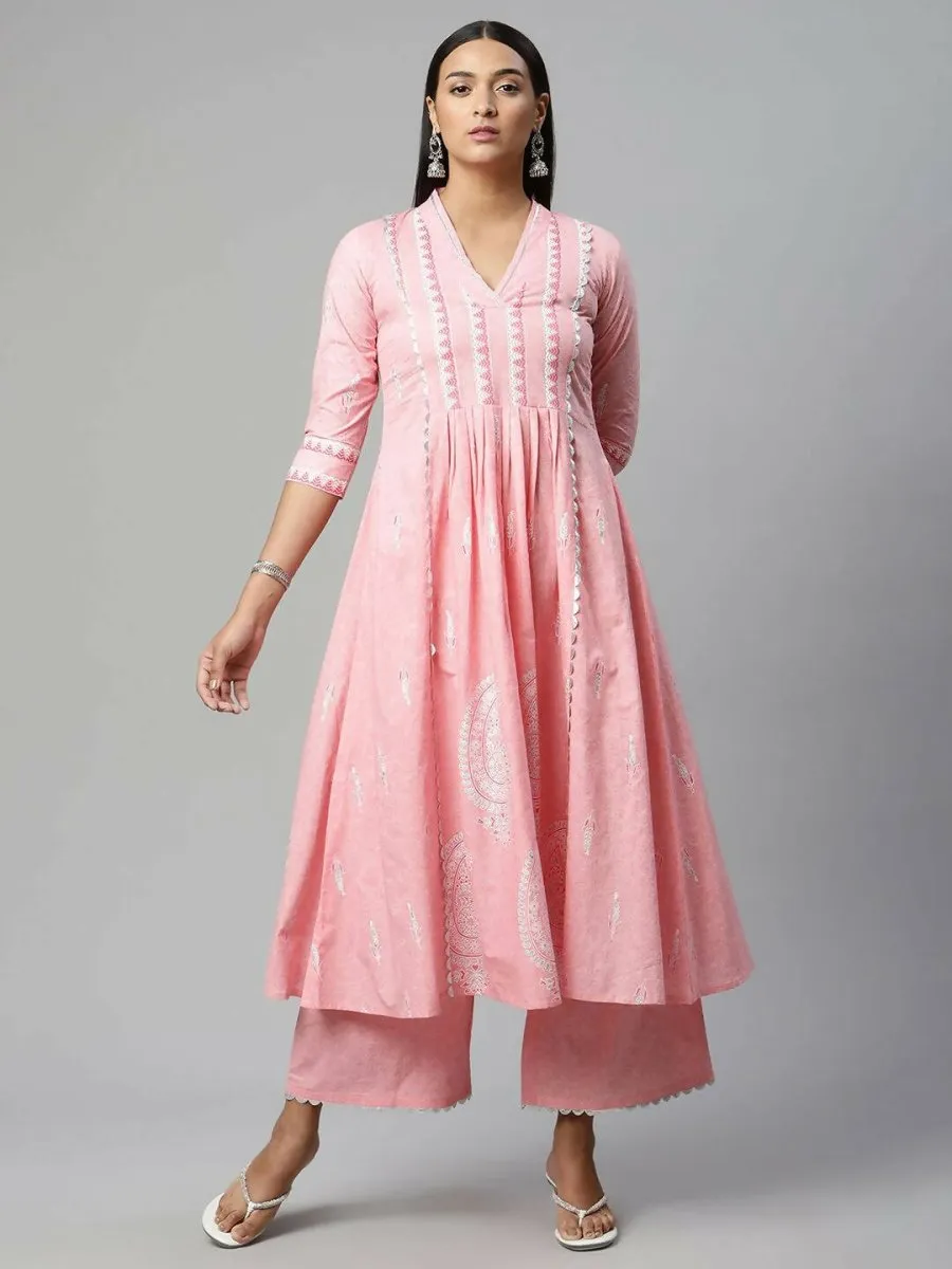 Ahalyaa Womens Pink Pure Cotton Printed Kurta Palazzo Set