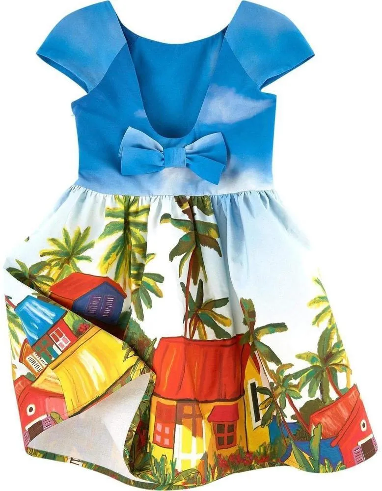 Blue Bow Back Printed Dress