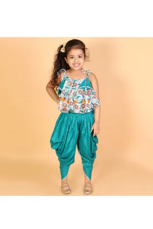 Blue Floral Printed Shoulder Tie knot Top With Dhoti Set