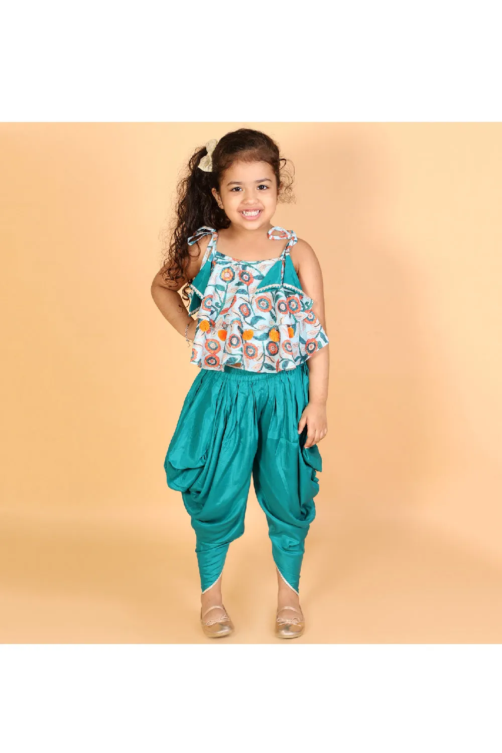 Blue Floral Printed Shoulder Tie knot Top With Dhoti Set