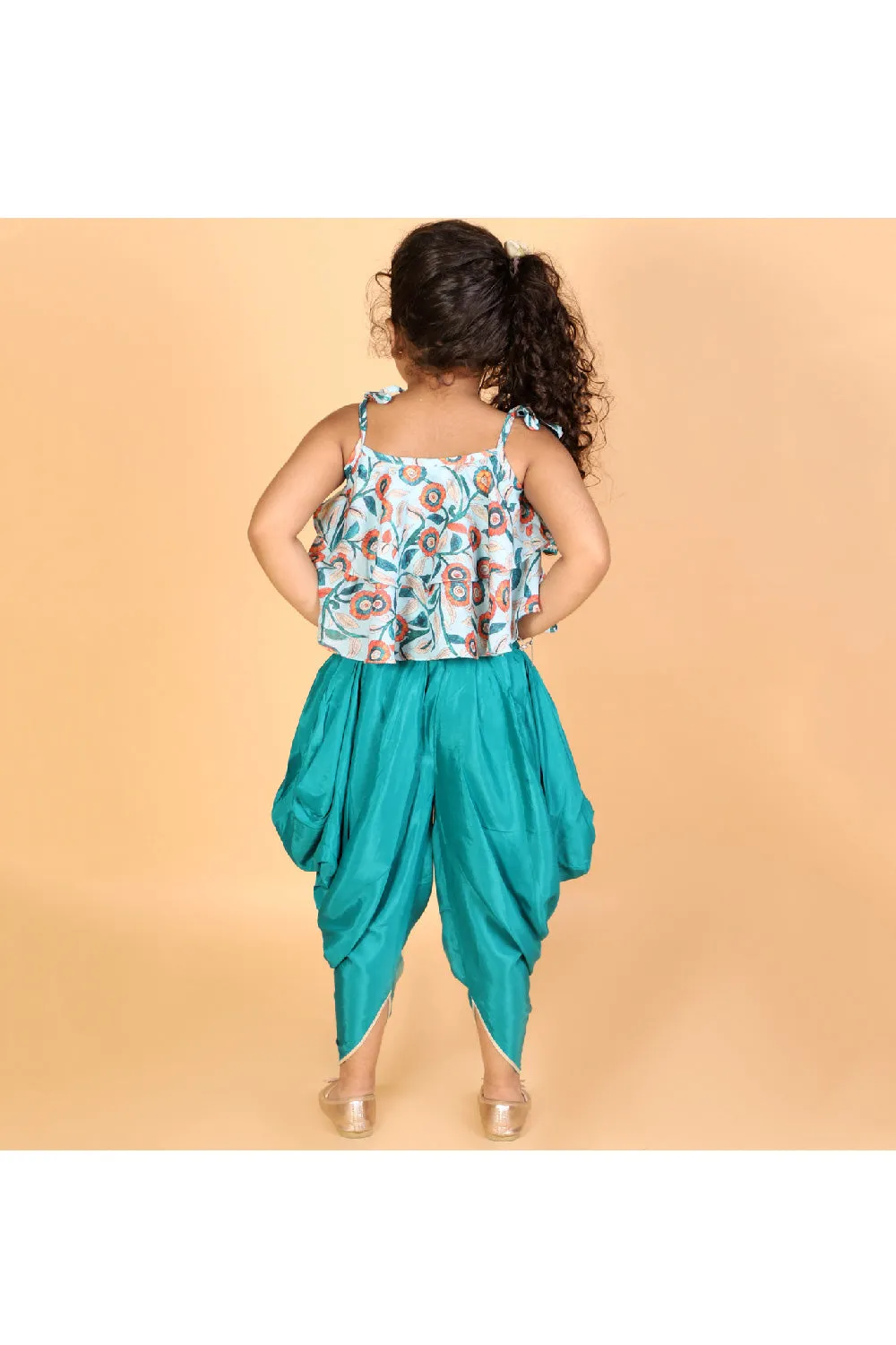 Blue Floral Printed Shoulder Tie knot Top With Dhoti Set