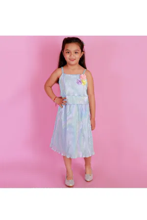 Blue Rainbow Printed Frill Sleeveless Top With Skirt Set