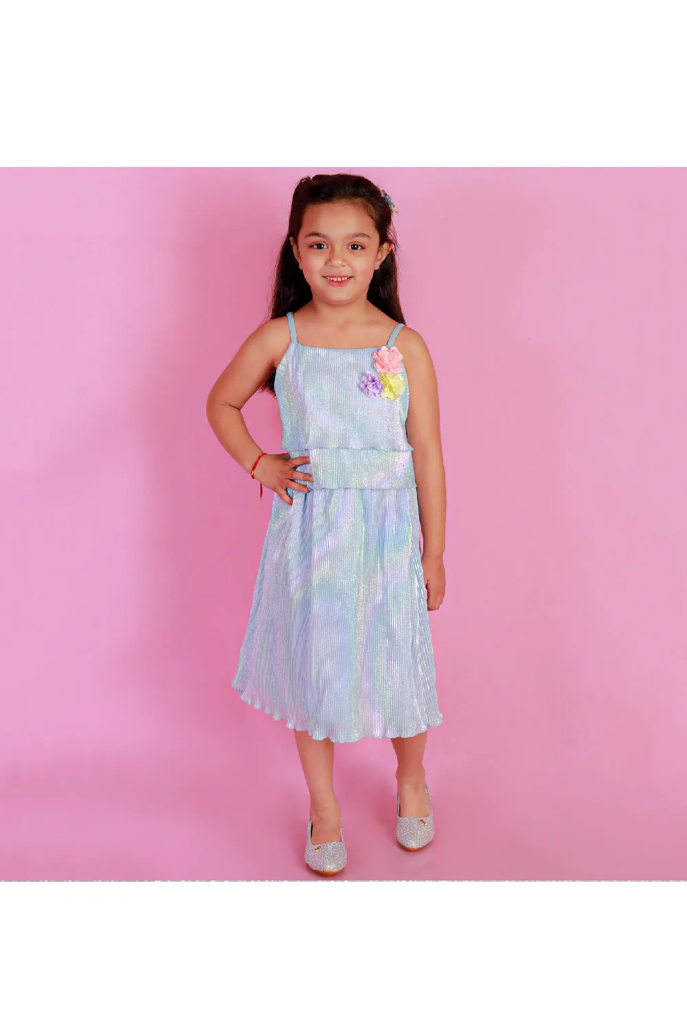 Blue Rainbow Printed Frill Sleeveless Top With Skirt Set