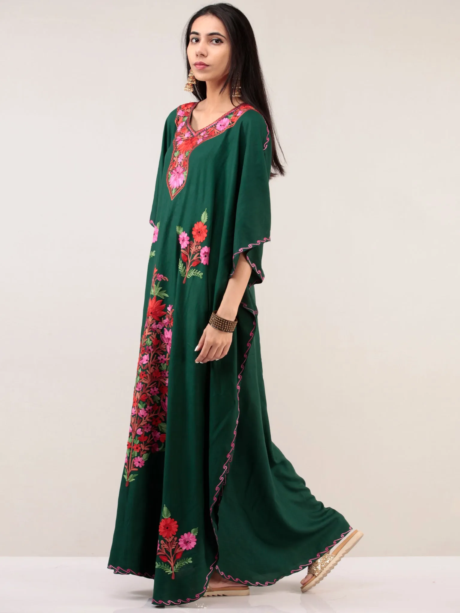 Bottle Green Aari Embroidered Kashmere Free Size Kaftan  - K12K042