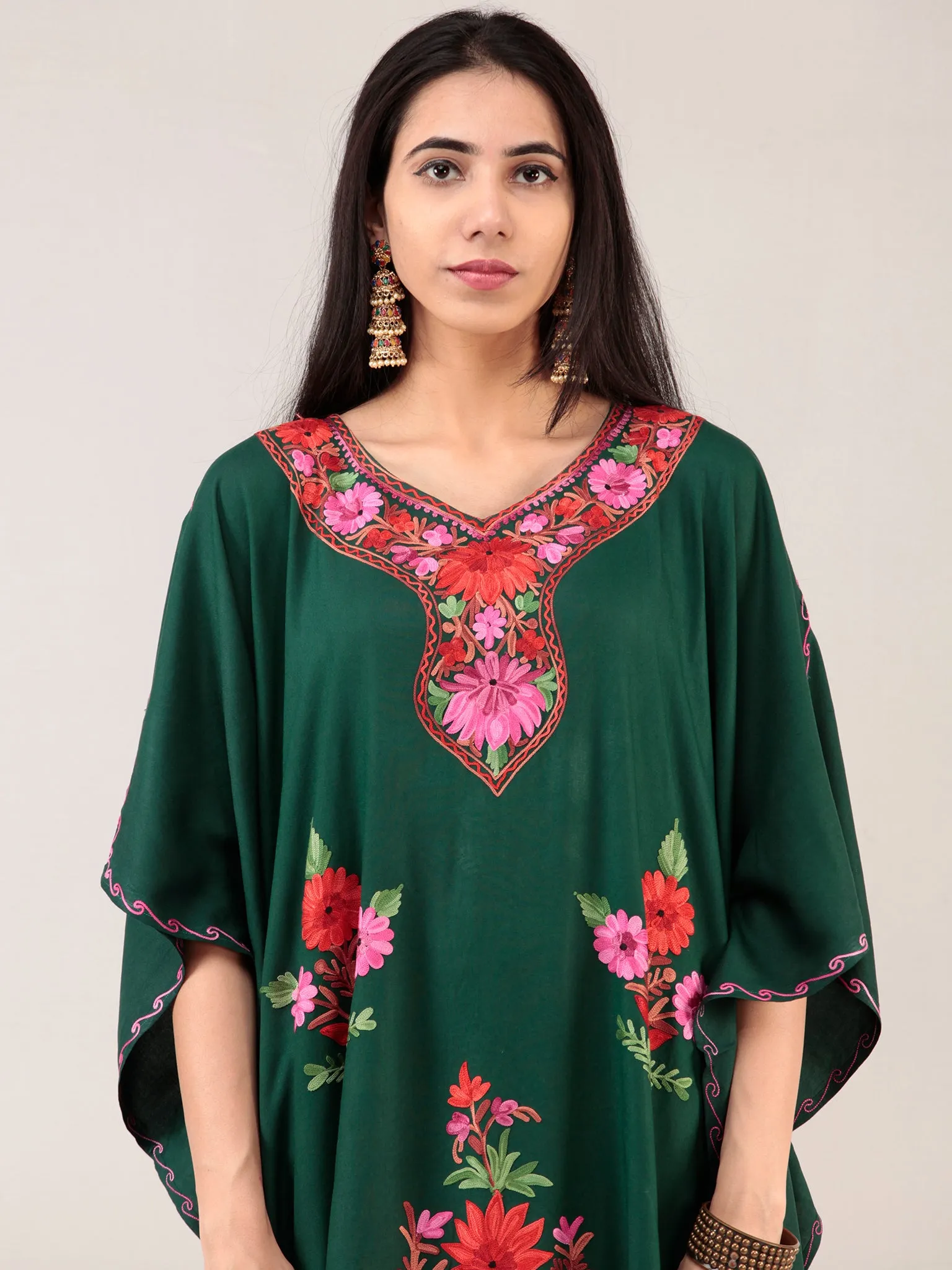 Bottle Green Aari Embroidered Kashmere Free Size Kaftan  - K12K042