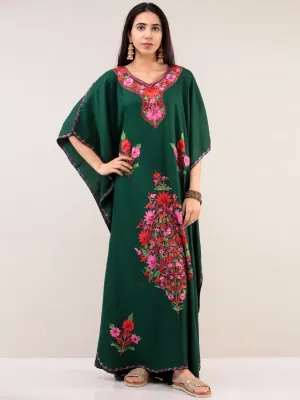 Bottle Green Aari Embroidered Kashmere Free Size Kaftan  - K12K042
