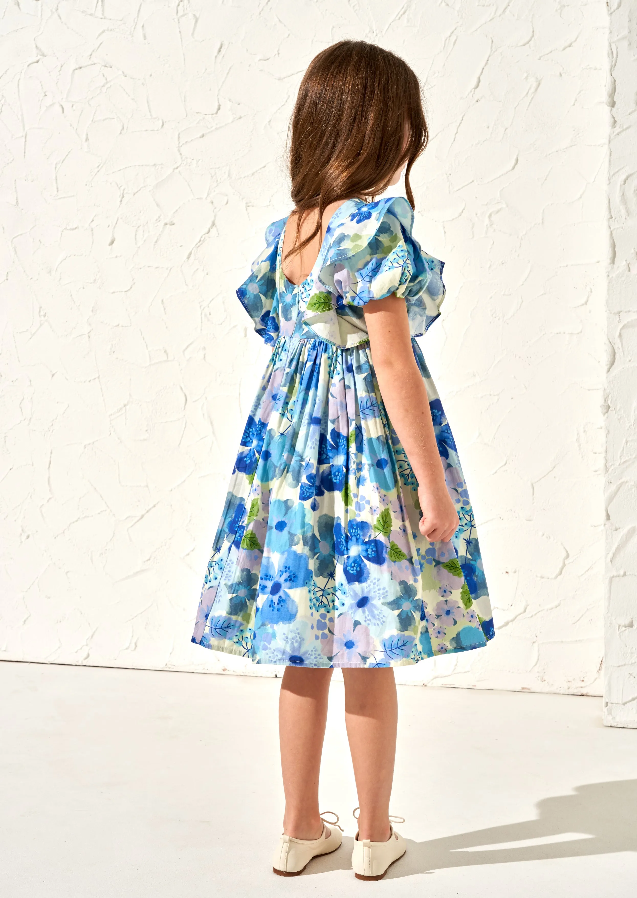 Celia Blue Floral Print Puff Sleeve Dress