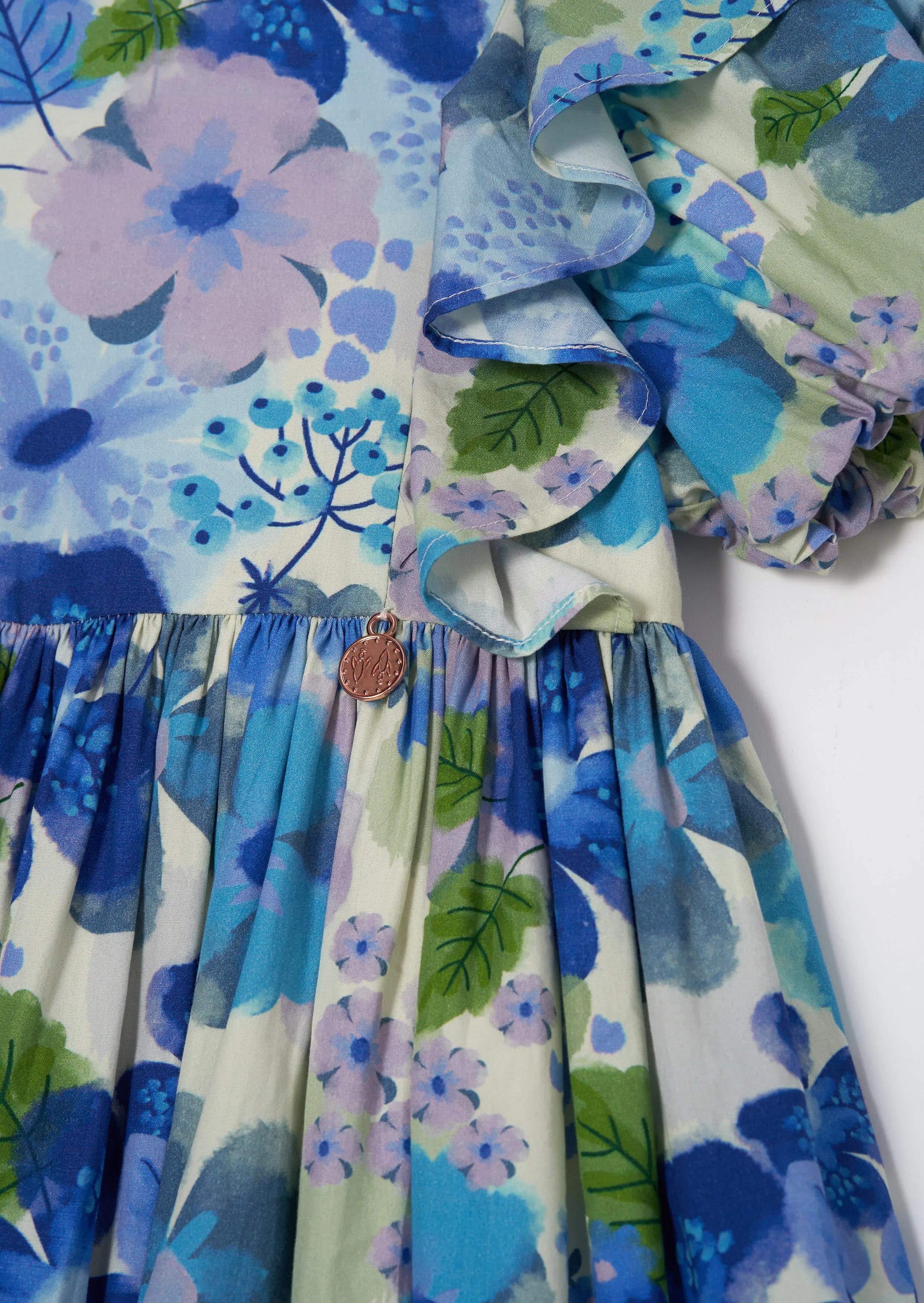 Celia Blue Floral Print Puff Sleeve Dress