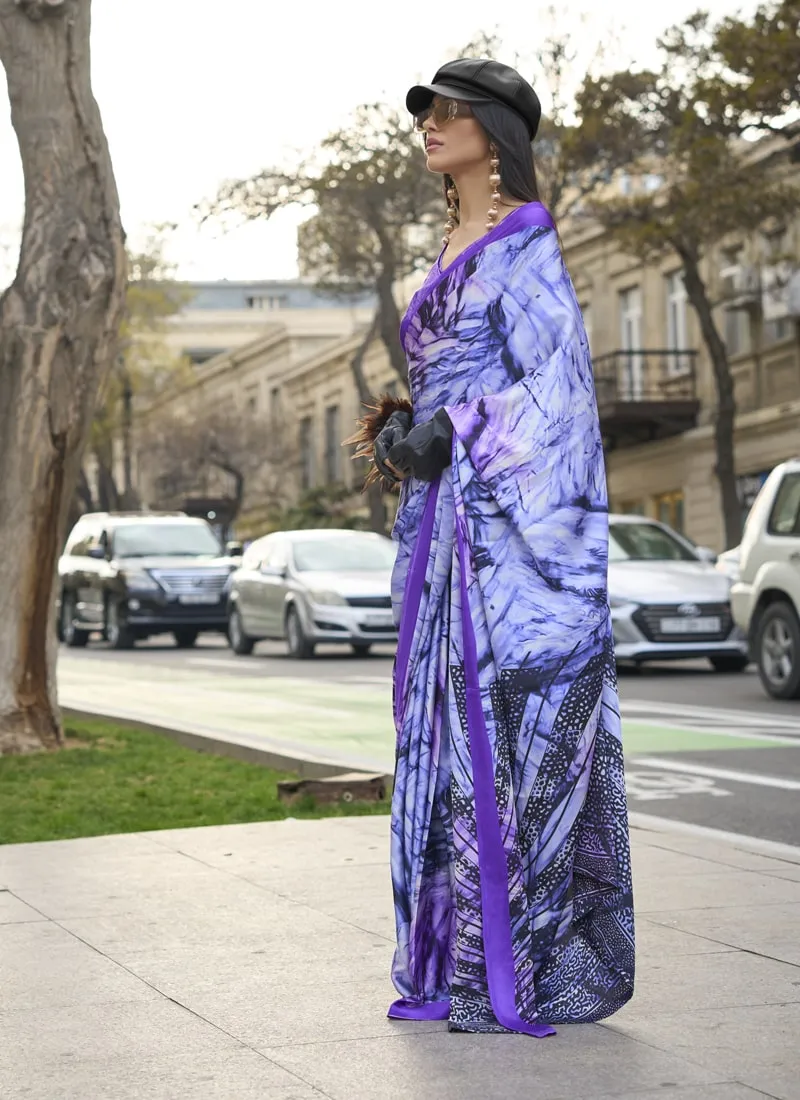 Dark Lavender Designer Satin Crepe Printed Saree