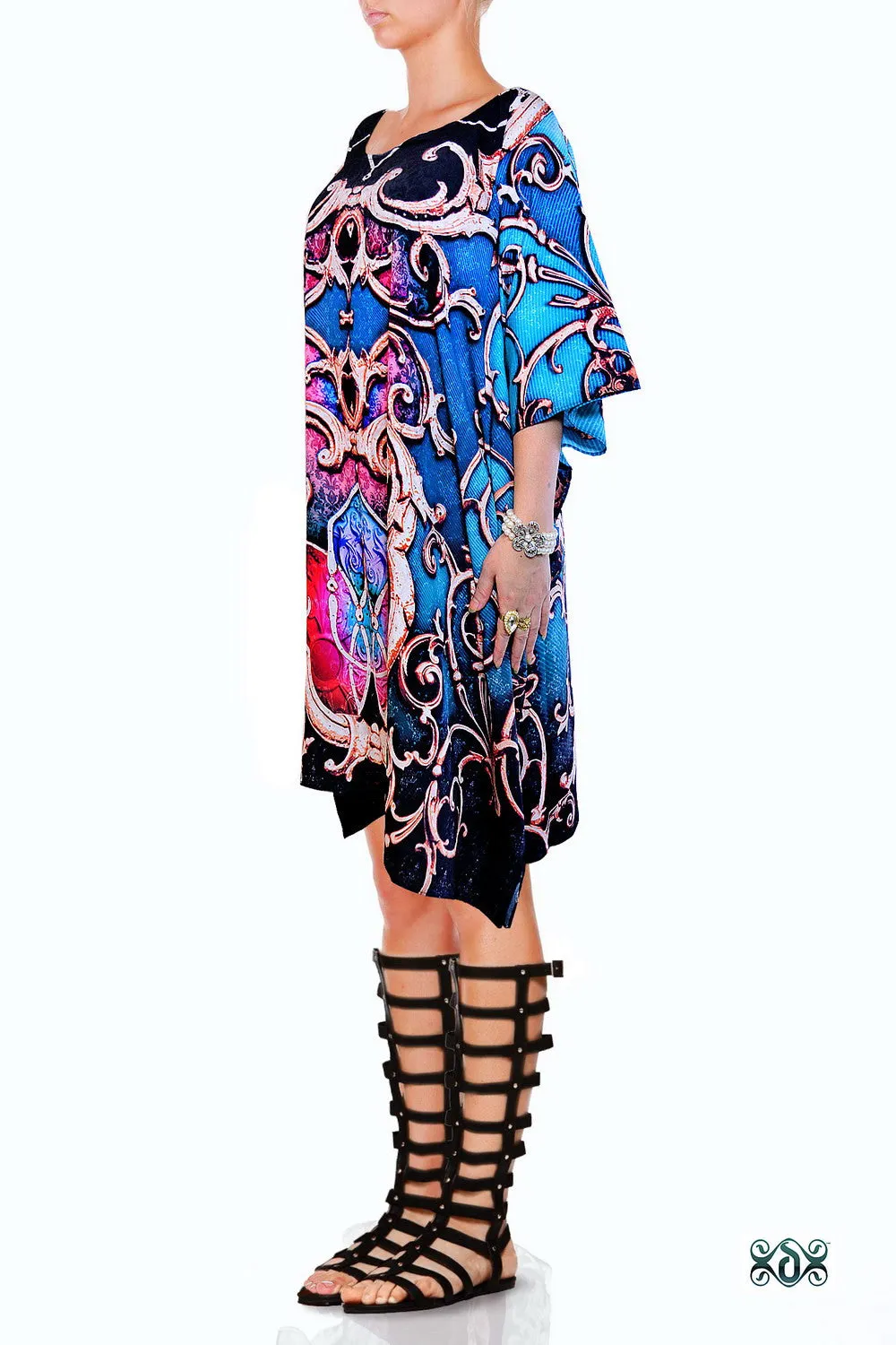 Decorative Blue Pure Silk Kaftan, Embellished Kaftan, Short Kaftan - 1053B