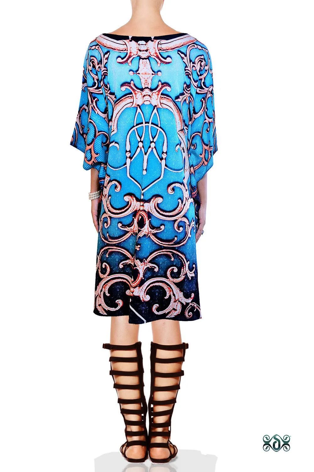 Decorative Blue Pure Silk Kaftan, Embellished Kaftan, Short Kaftan - 1053B