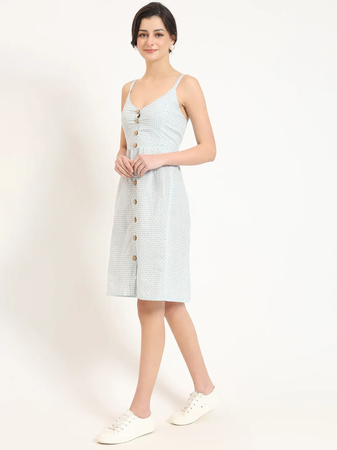 Divena Blue Ethnic Motif Shoulder Strip Dress