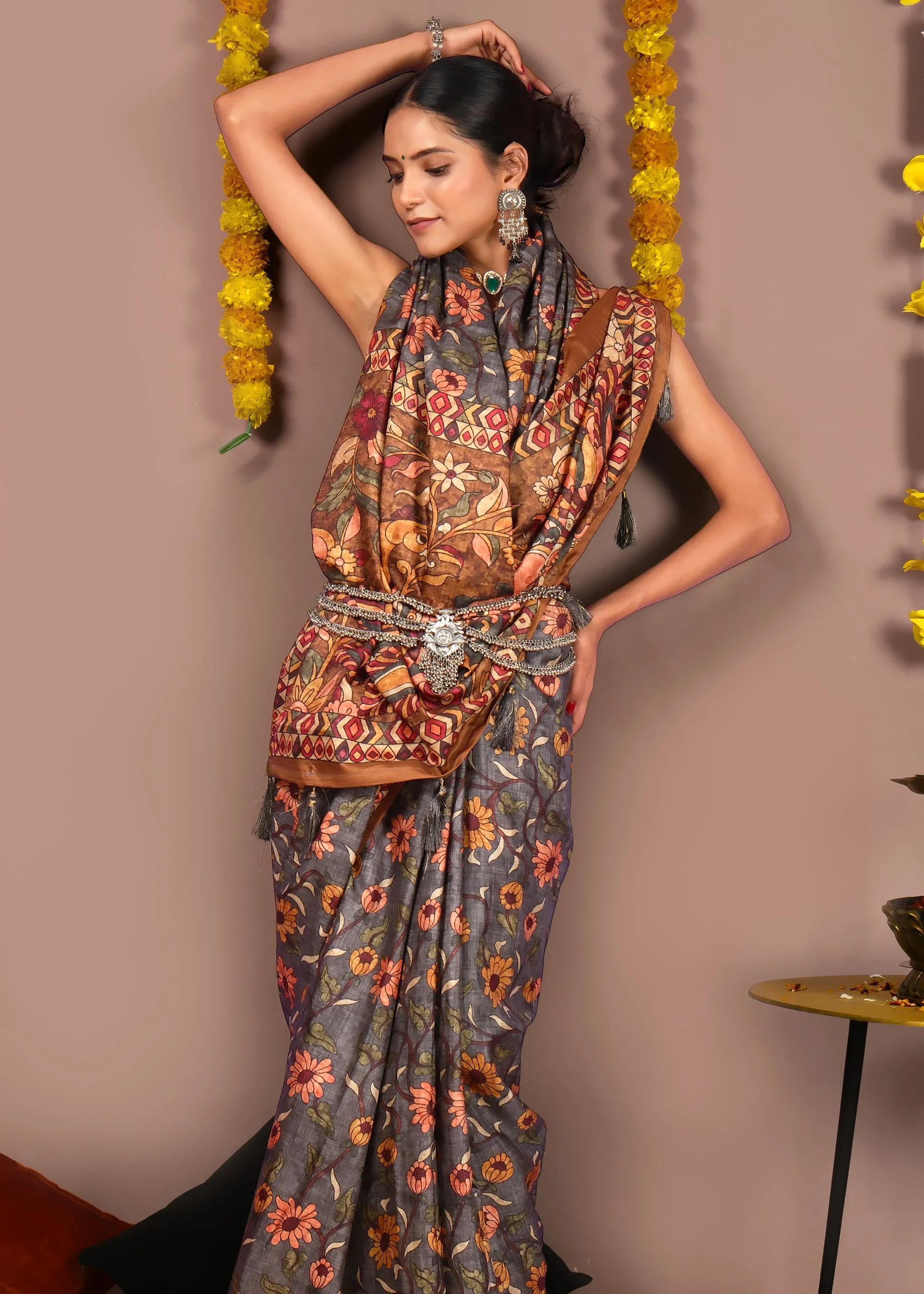 Elegant Floral Printed  Saree with Contrast Border
