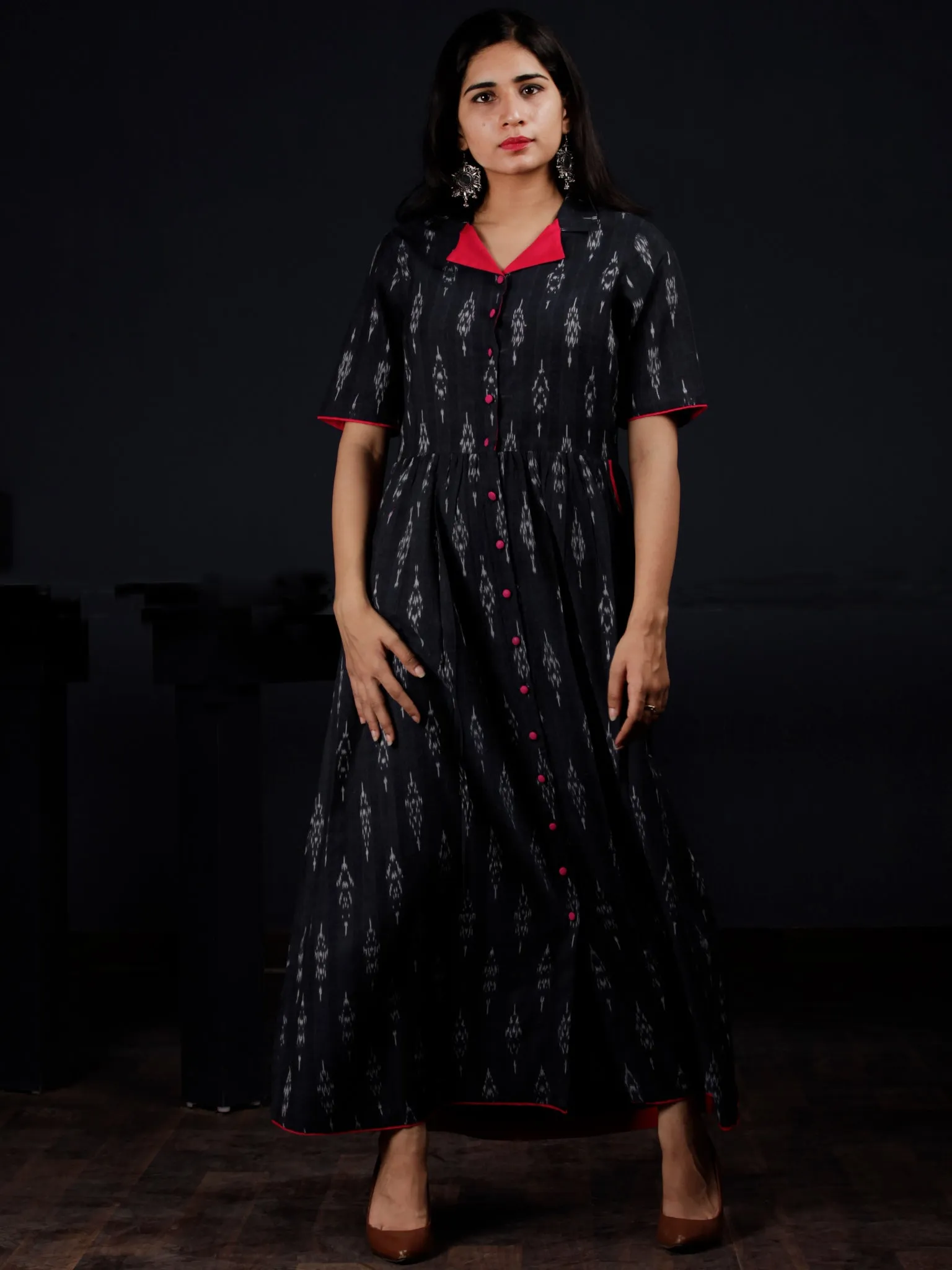 Indigo White Mergenta Long Handwoven Ikat Dress With Collar & Side Pockets - D313F1472
