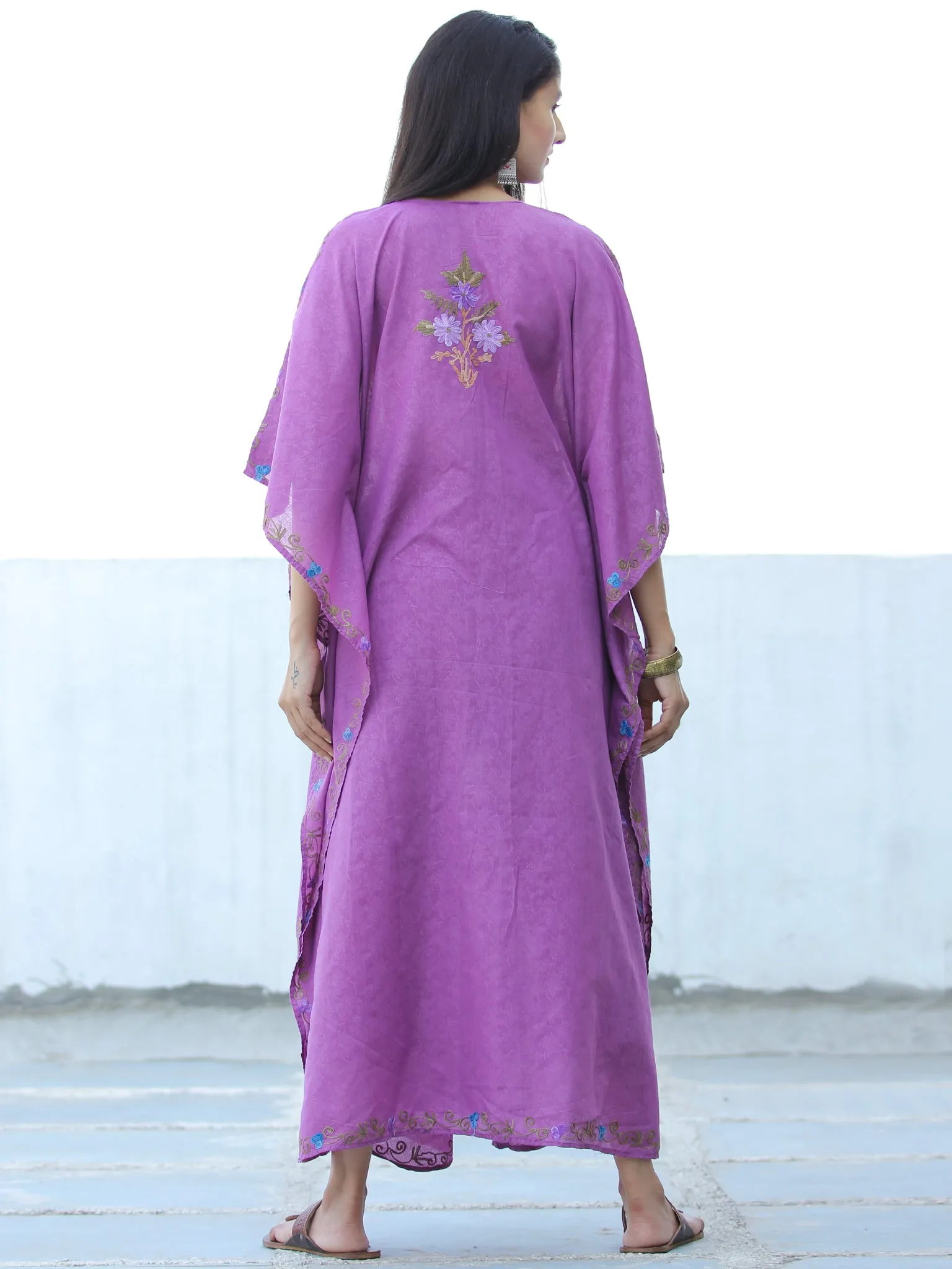 Lilac Sky Blue Aari Embroidered Long Kashmere Free Size Kaftan in Crushed Cotton - K11K052