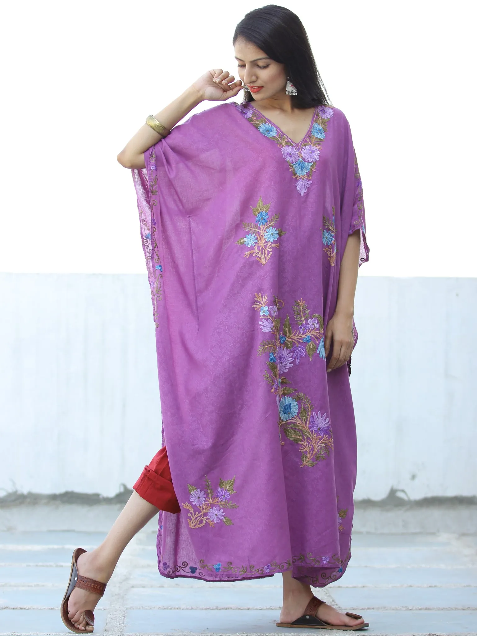 Lilac Sky Blue Aari Embroidered Long Kashmere Free Size Kaftan in Crushed Cotton - K11K052