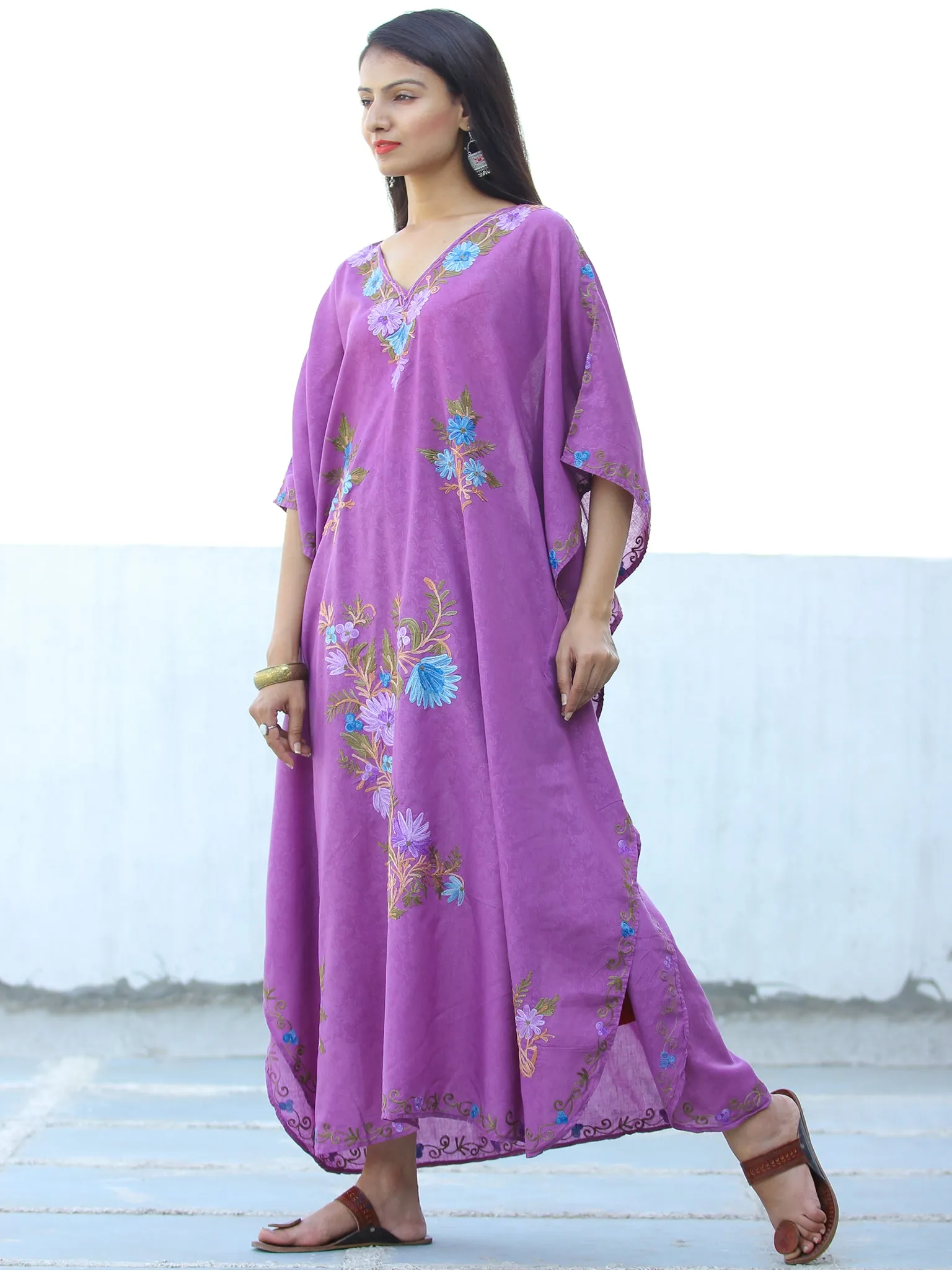 Lilac Sky Blue Aari Embroidered Long Kashmere Free Size Kaftan in Crushed Cotton - K11K052