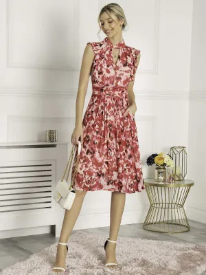 Lunna High Neck Floral Midi Dress, Red Abstract