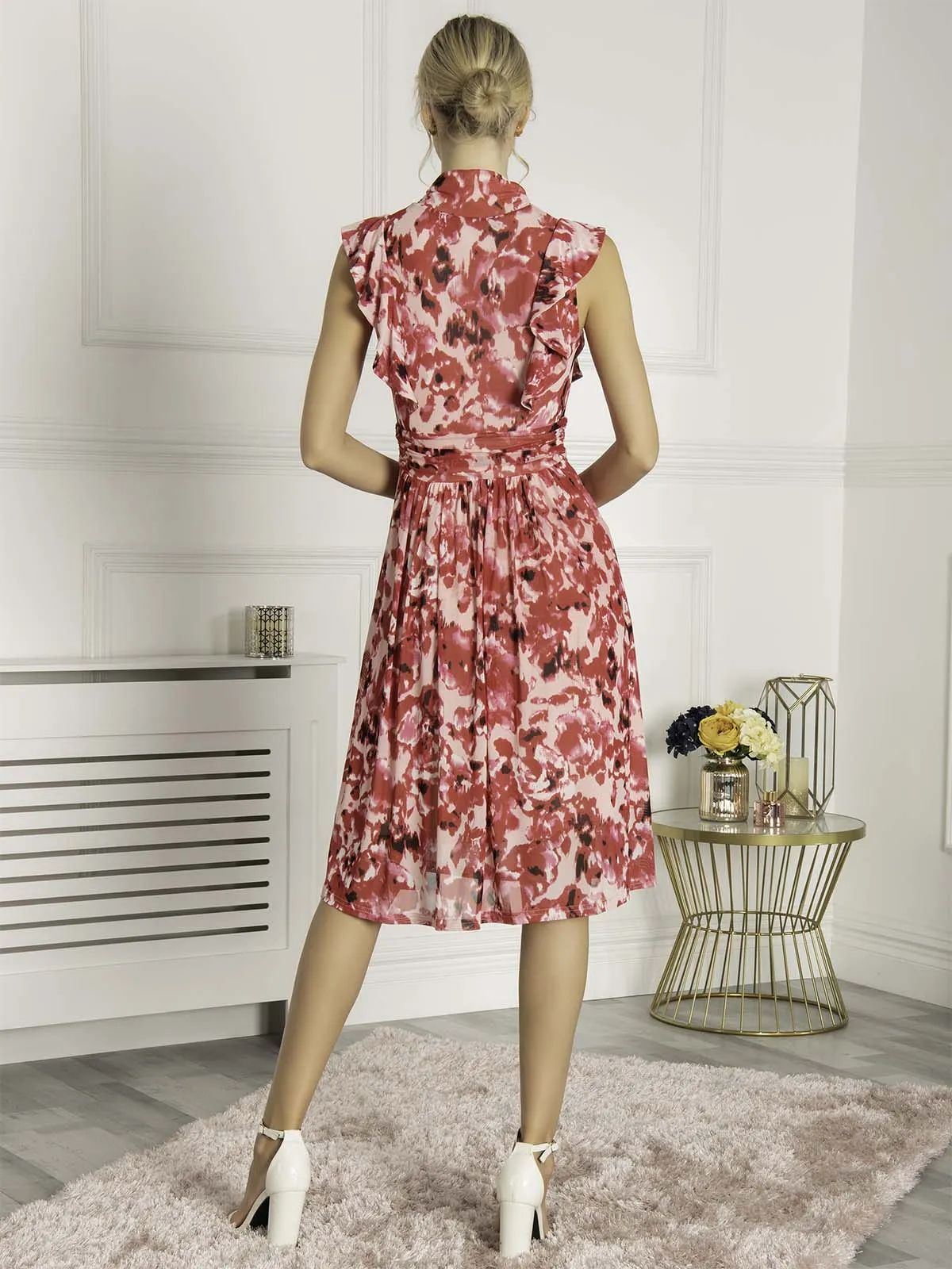 Lunna High Neck Floral Midi Dress, Red Abstract