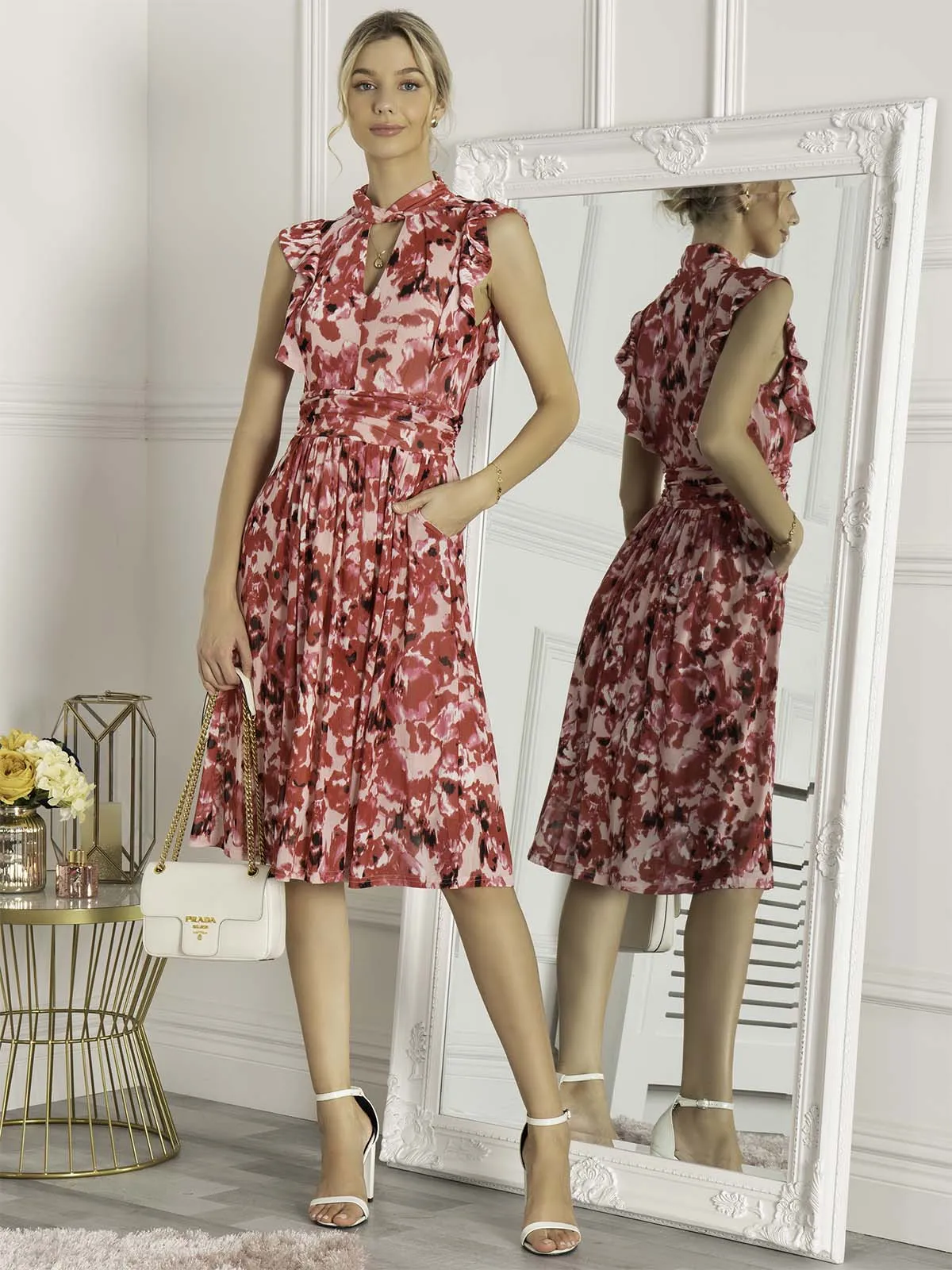 Lunna High Neck Floral Midi Dress, Red Abstract