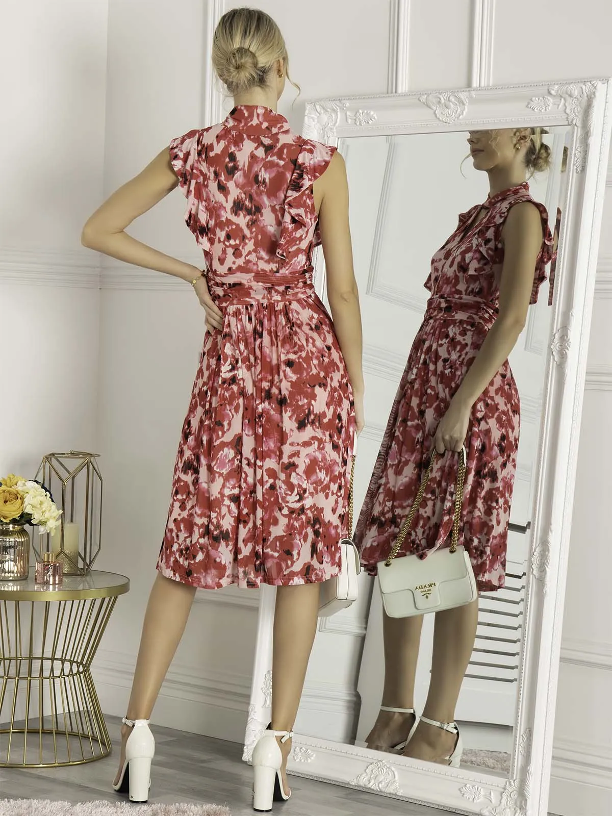Lunna High Neck Floral Midi Dress, Red Abstract