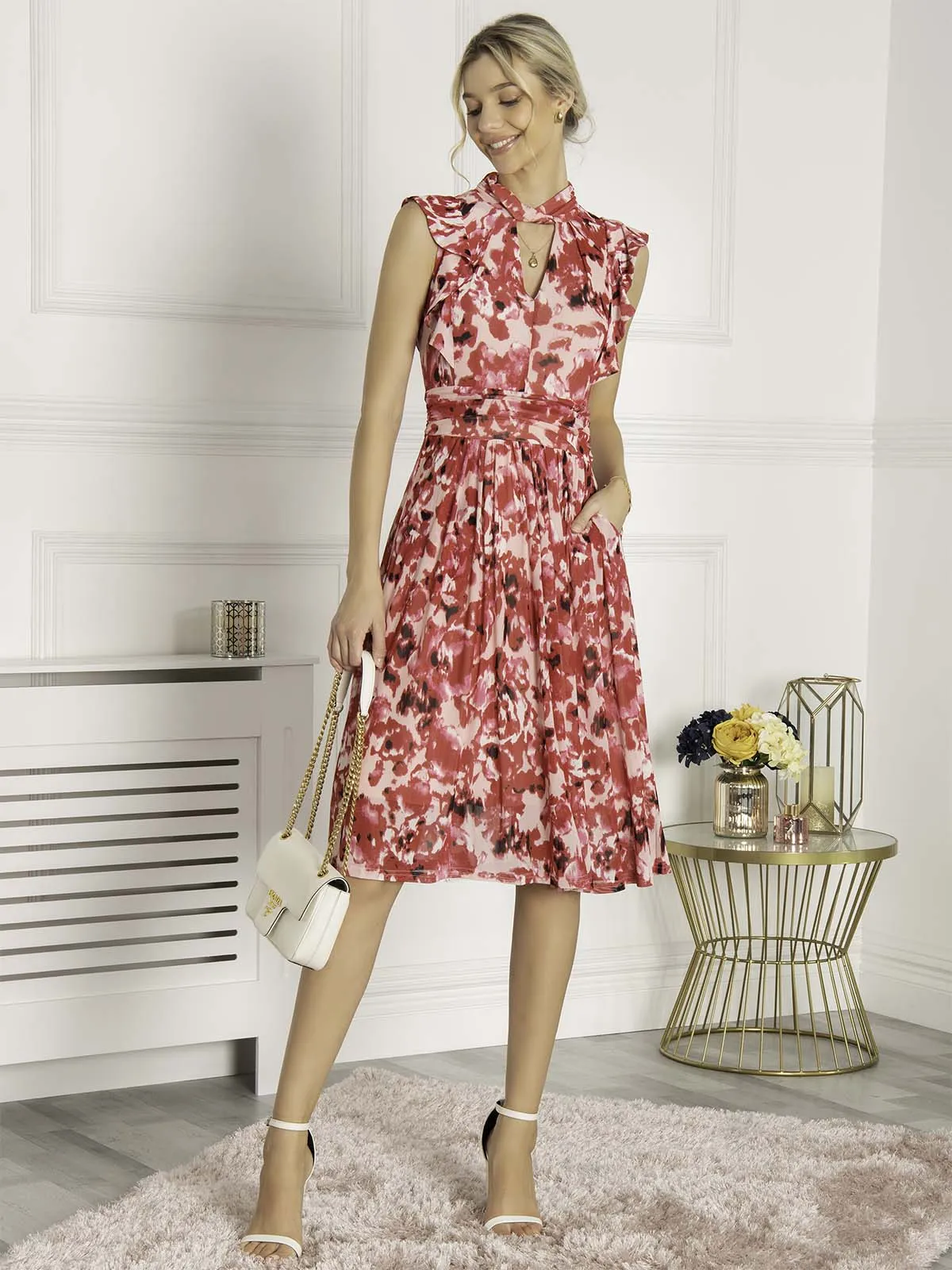 Lunna High Neck Floral Midi Dress, Red Abstract