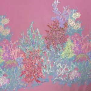 Multicolored Corals on a Pink Background Florals Printed Silk Organza Fabric