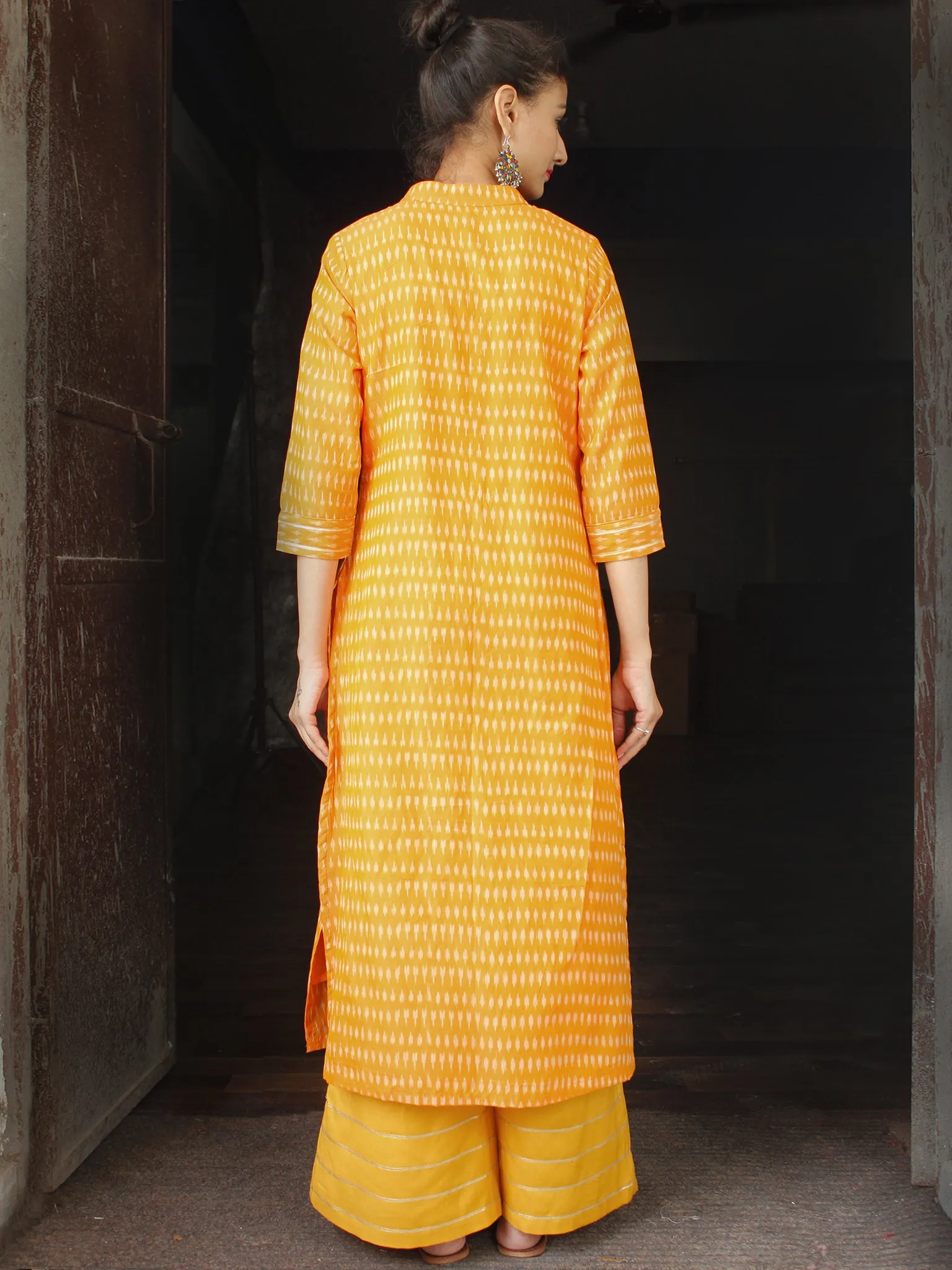 Mustard Yellow Silk Cotton Ikat Embroidered Kurta & Pants (Set of 2) - SS01F1747
