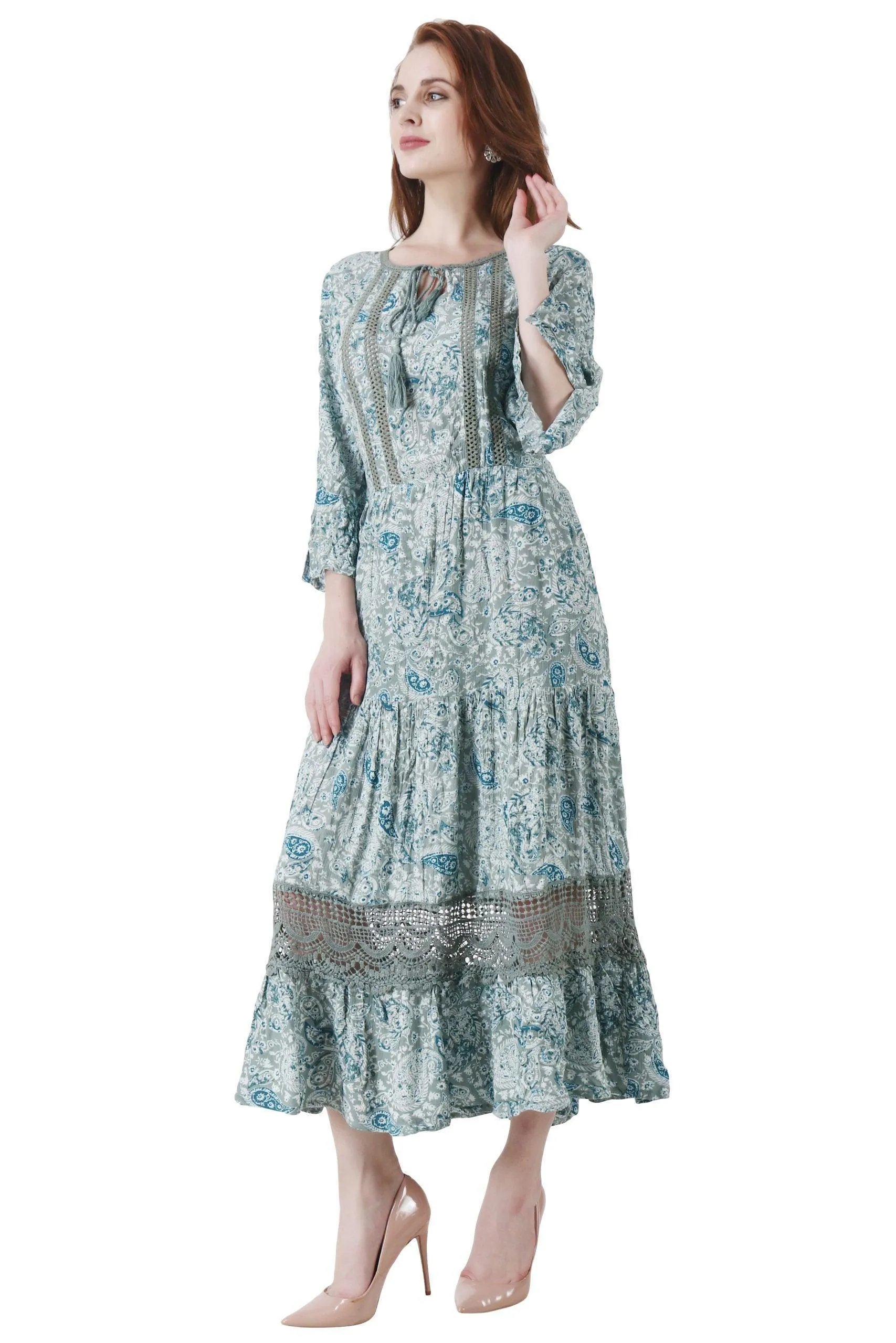 Paisley Printed Maxi Dress with Lace