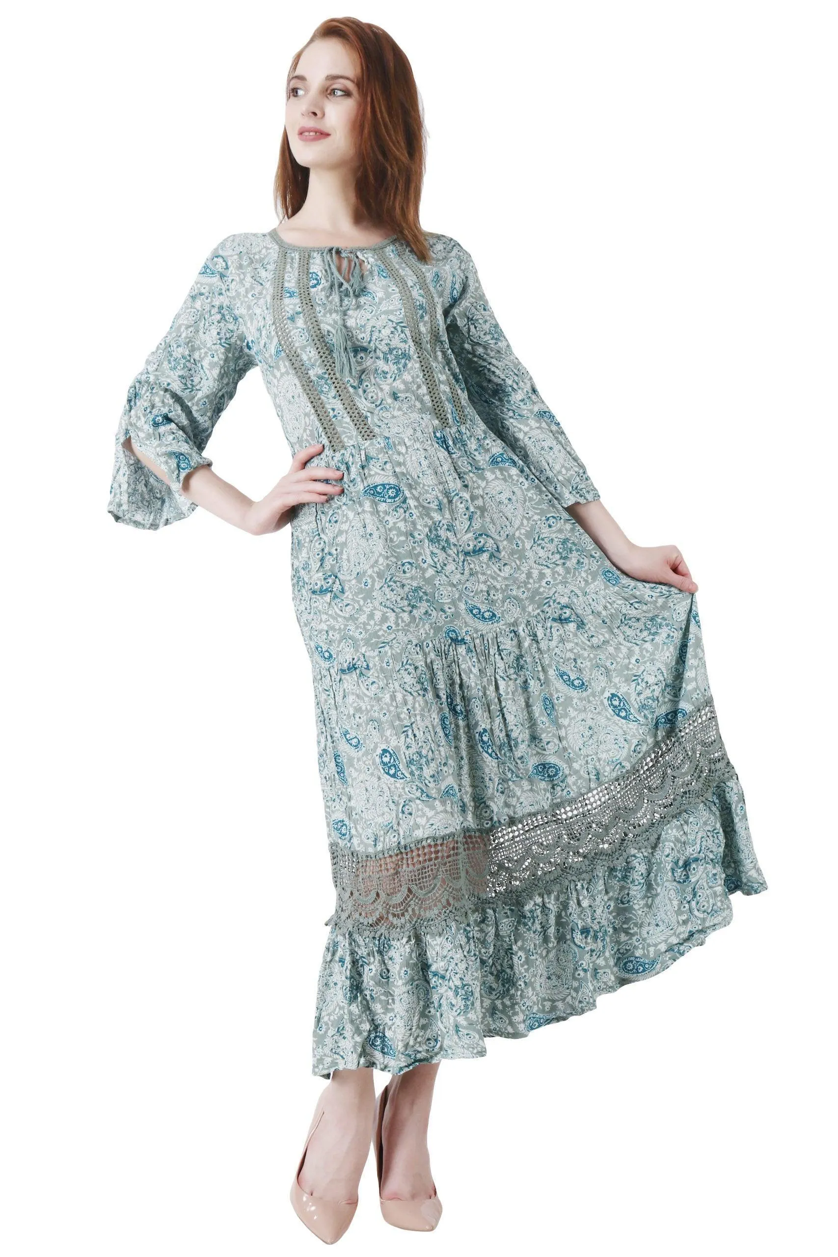 Paisley Printed Maxi Dress with Lace