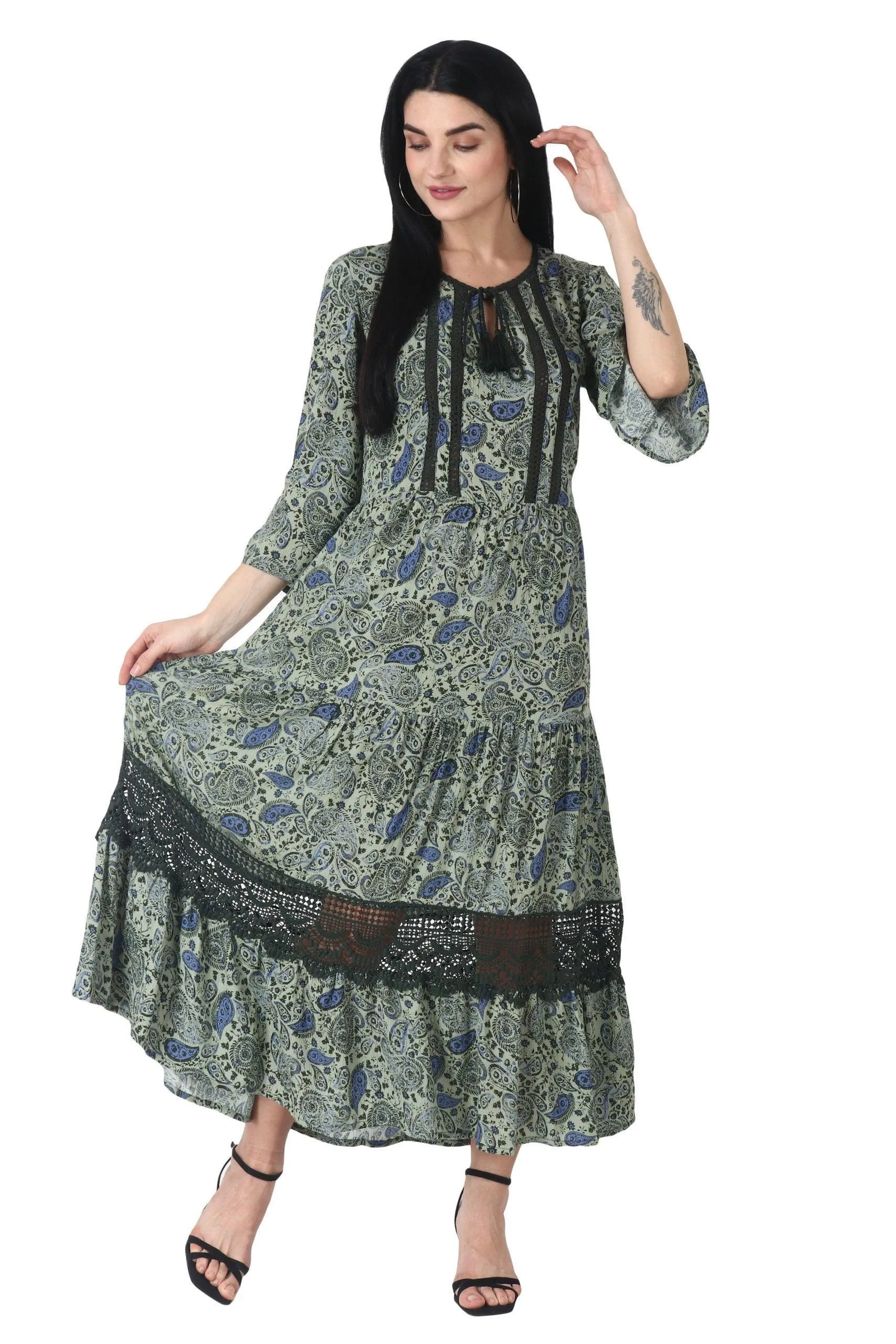 Paisley Printed Maxi Dress with Lace