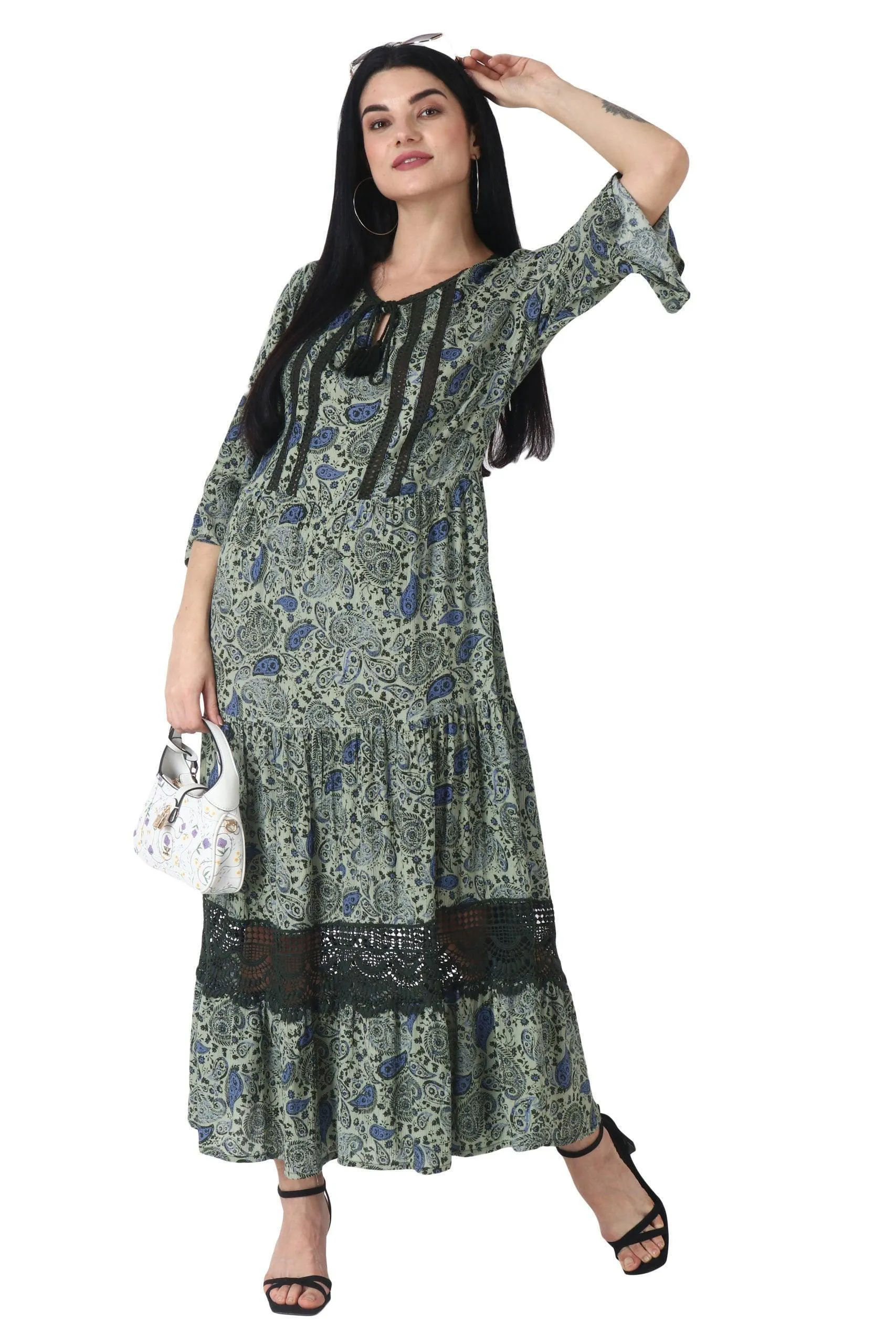 Paisley Printed Maxi Dress with Lace