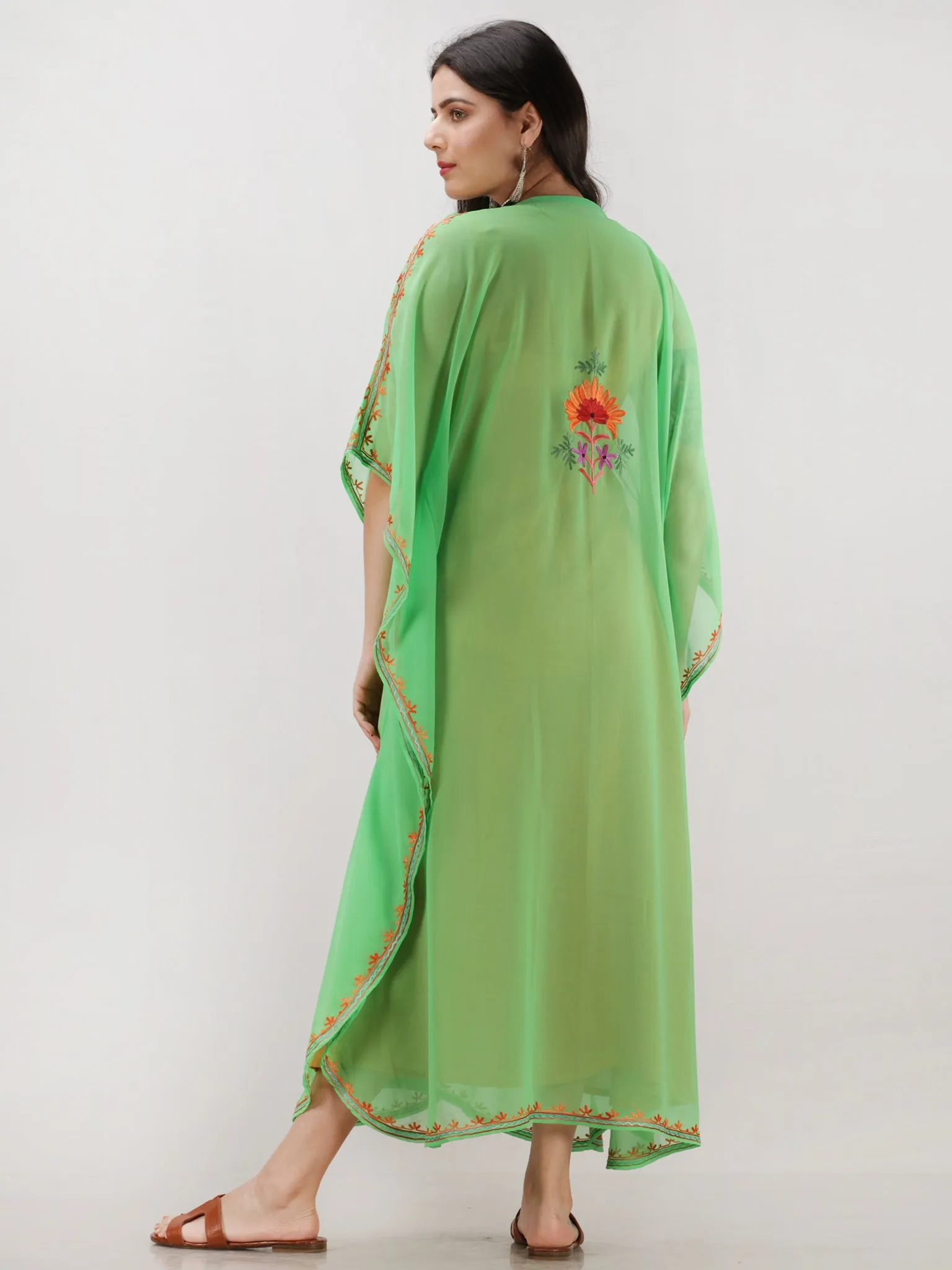 Parrot Green Multicolor Aari Embroidered Kashmere Free Size Georgette Kaftan  - K12K018