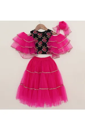 Pink And Black Floral Printed Ruffle Sleeves Top With Lehenga Set