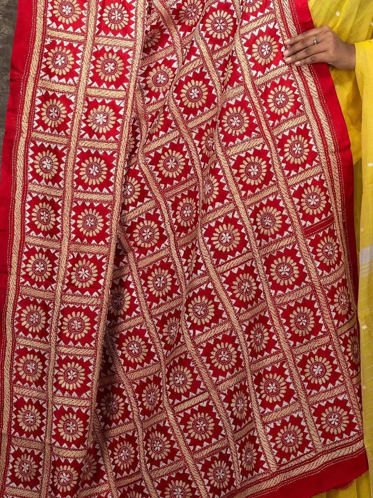 Red Bangalore Silk Kantha Stitch Dupatta