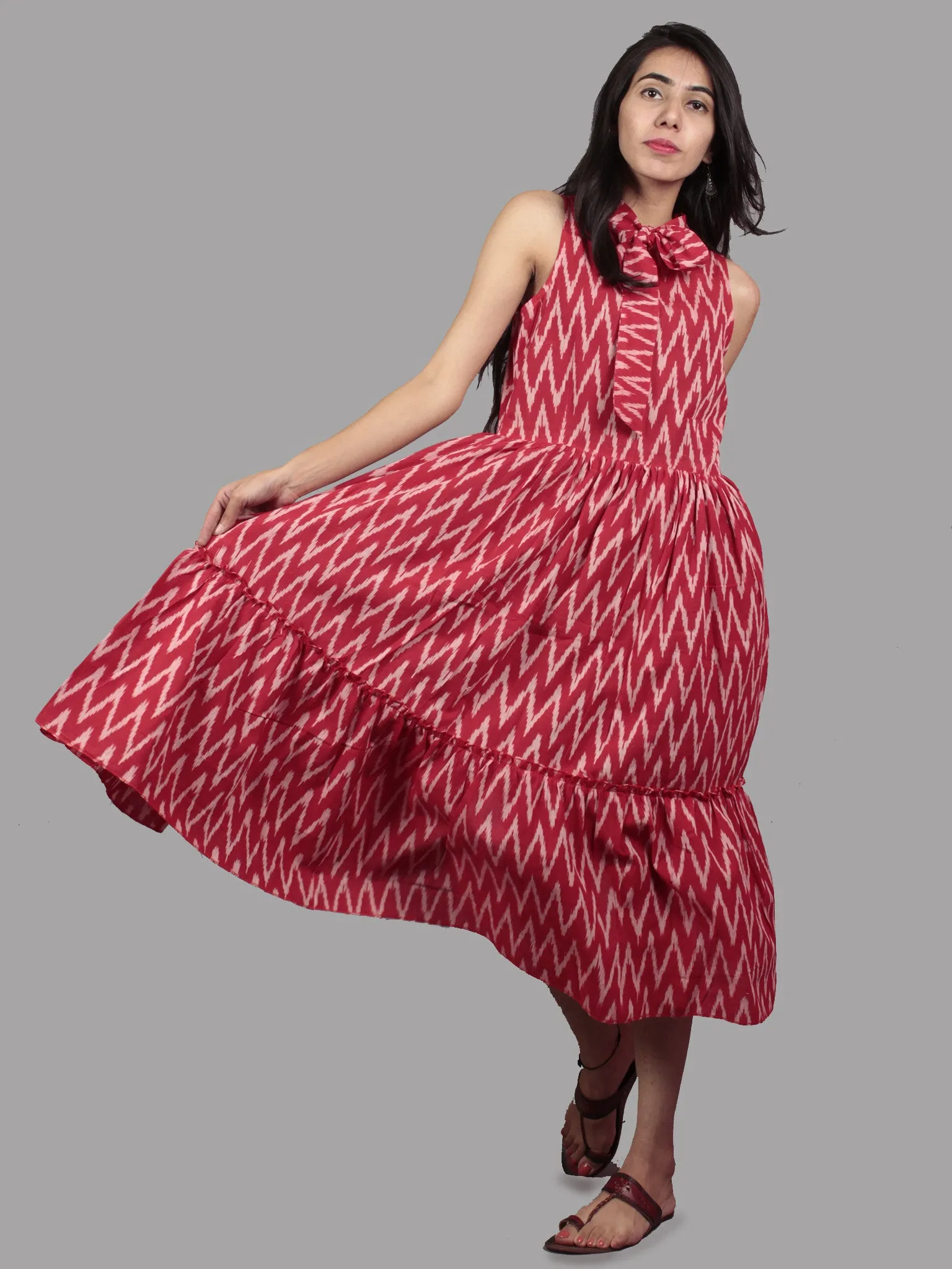 Red White Midi Sleeveless Handwoven Ikat Tier Dress With Pussy Cat Bow Neck - D5065402