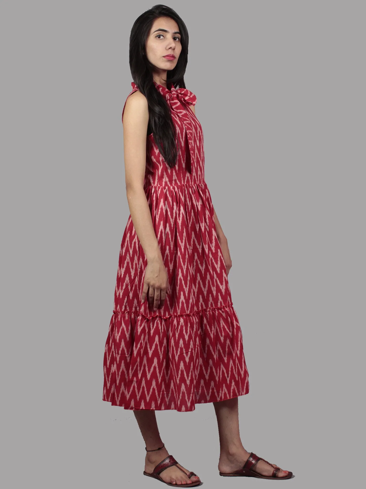 Red White Midi Sleeveless Handwoven Ikat Tier Dress With Pussy Cat Bow Neck - D5065402