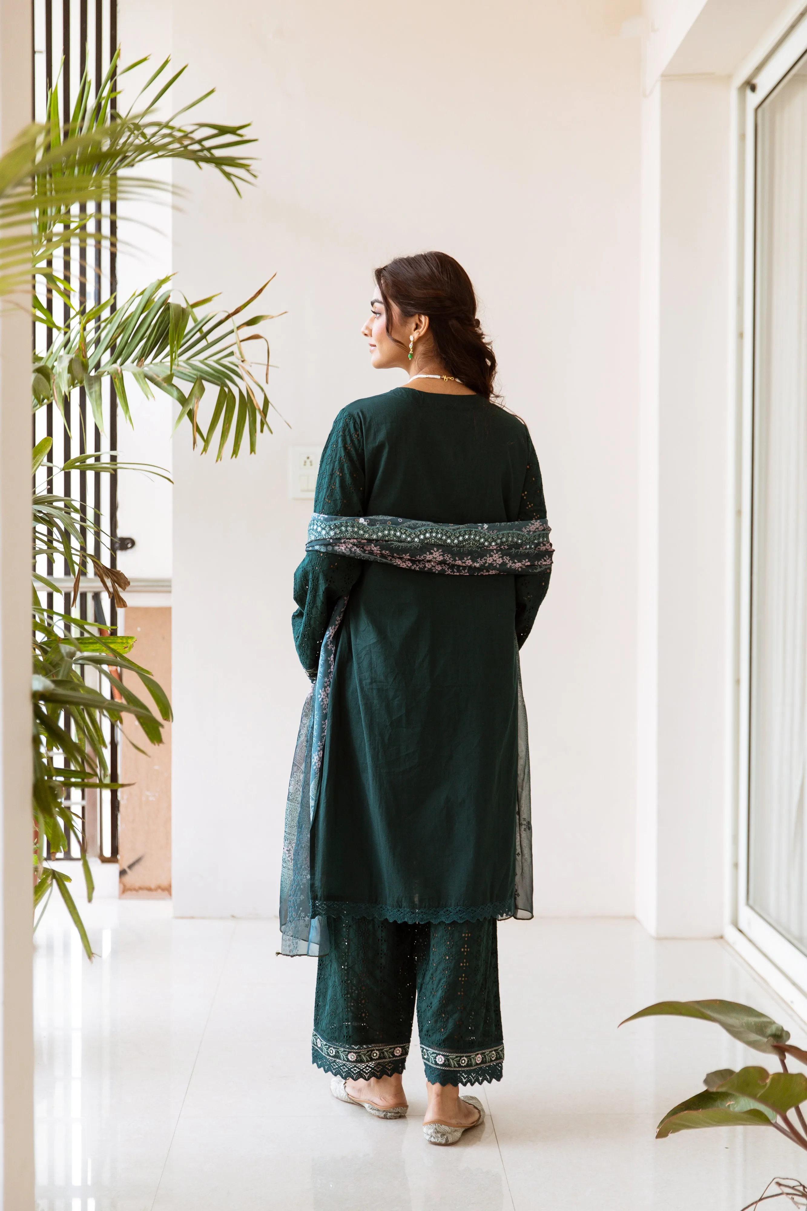 Schiffli Green Floral Embroidered  Kurta Set with Art Silk Printed Scalloped Dupatta