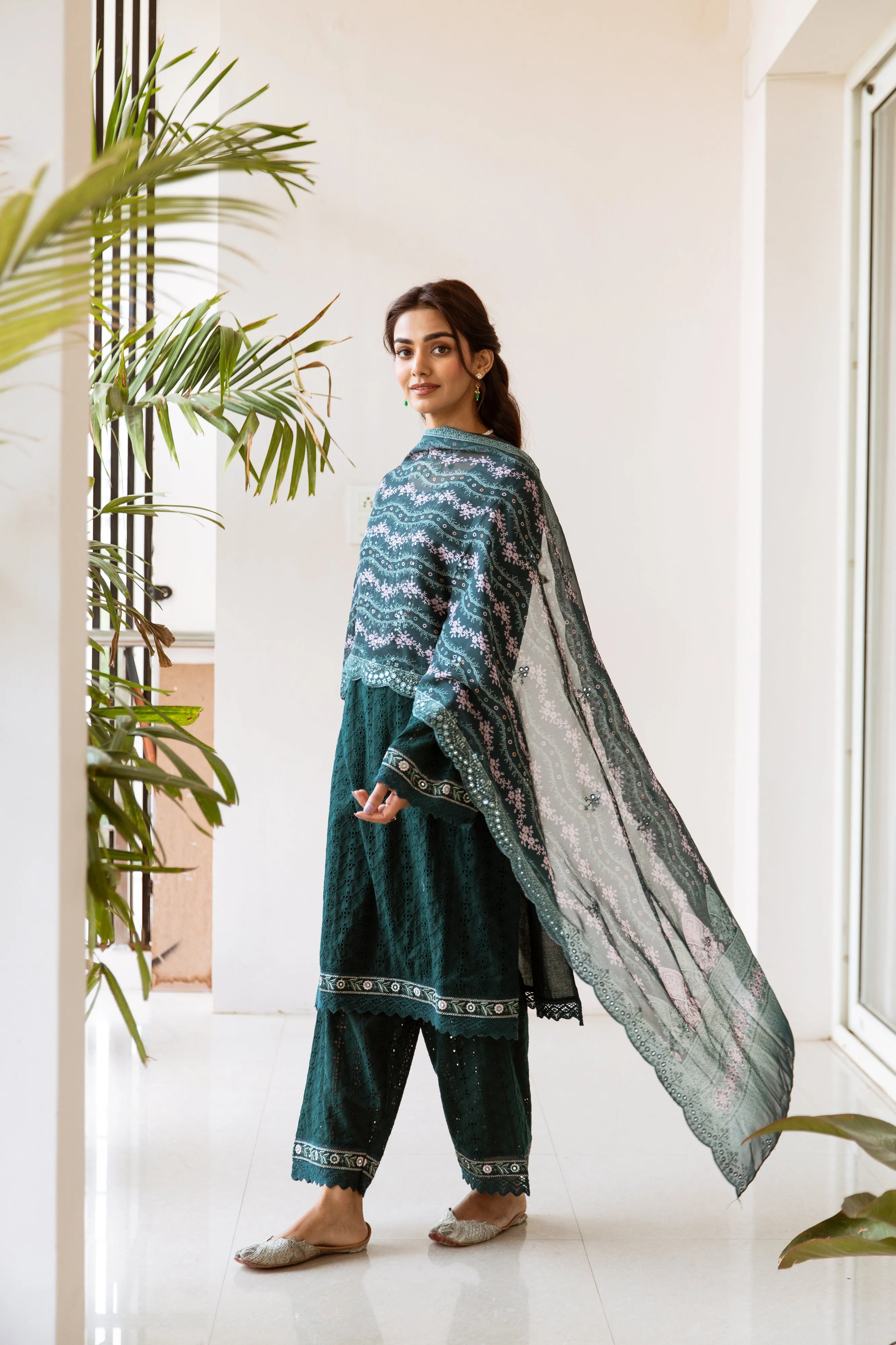 Schiffli Green Floral Embroidered  Kurta Set with Art Silk Printed Scalloped Dupatta