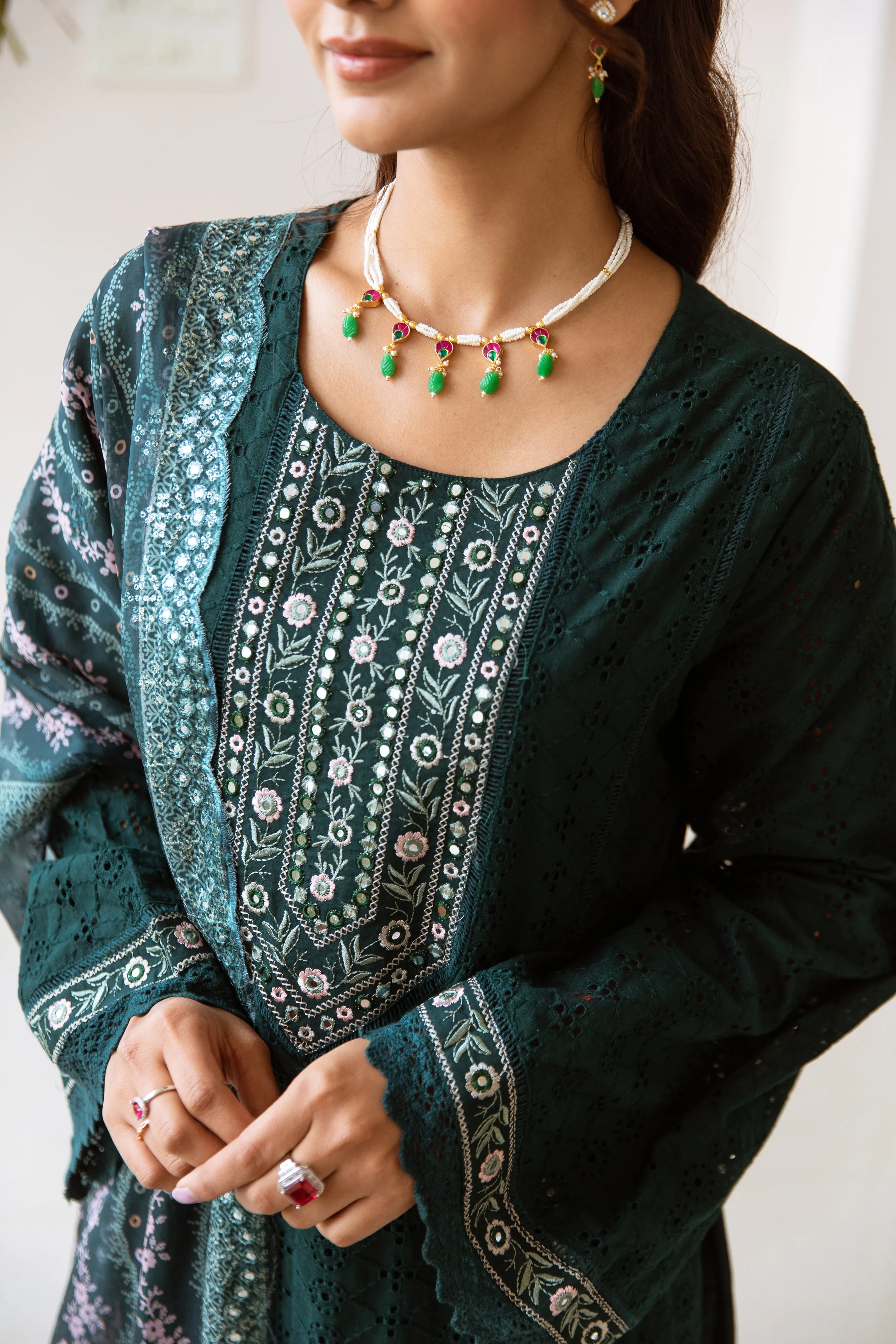 Schiffli Green Floral Embroidered  Kurta Set with Art Silk Printed Scalloped Dupatta