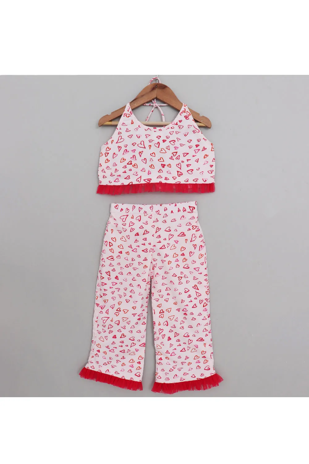 White And Pink Heart Printed Halter Neck Top With Palazzo Set