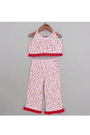 White And Pink Heart Printed Halter Neck Top With Palazzo Set