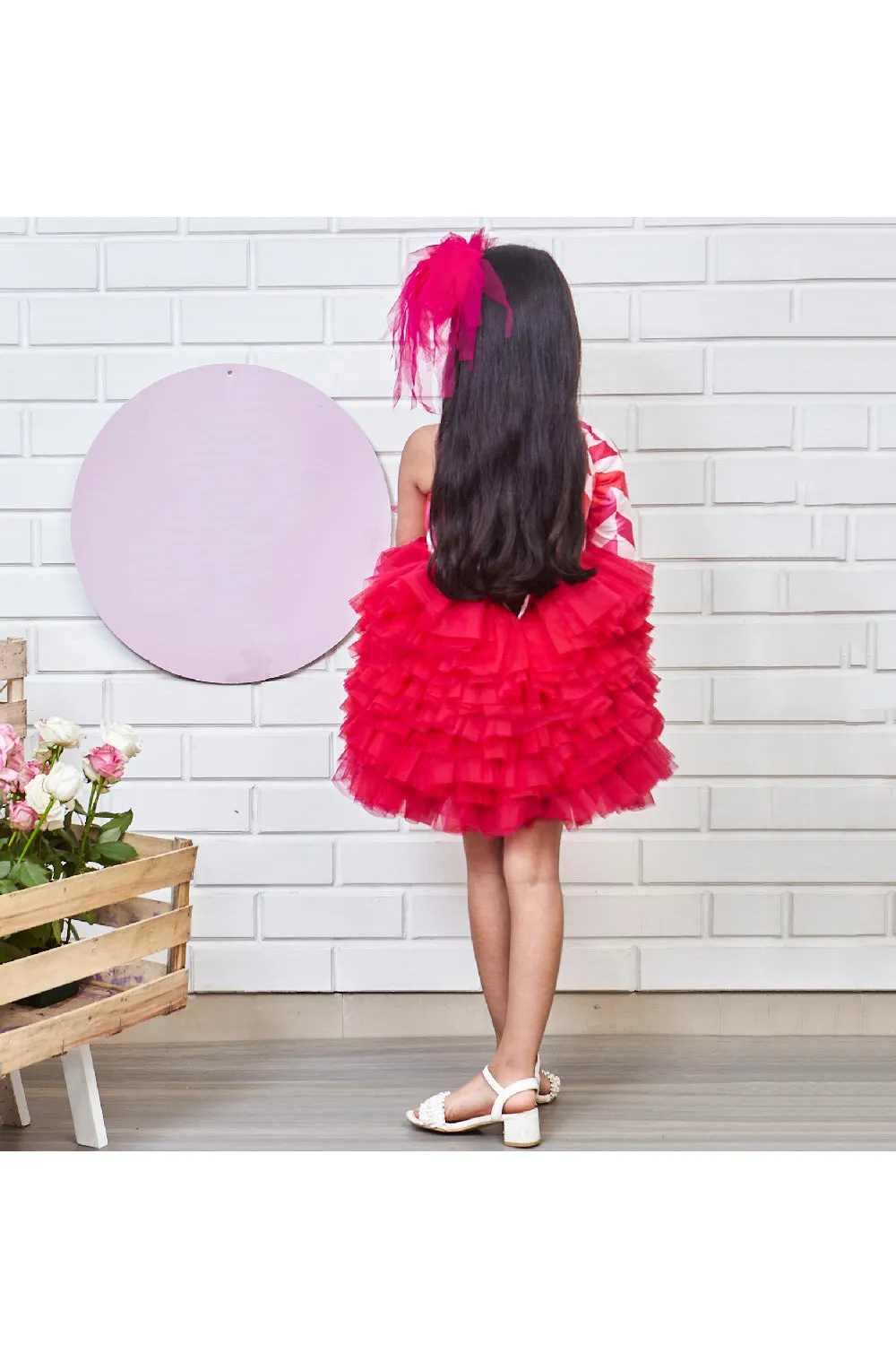 White And Red Pearl Detailing One Shoulder Frill Dress