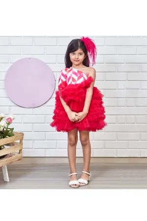 White And Red Pearl Detailing One Shoulder Frill Dress