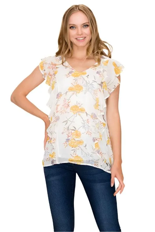 Women Floral Print Ruffle Blouse