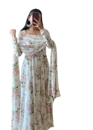 Women's Wear White Colour Georgette  Printed Flared Long Dress