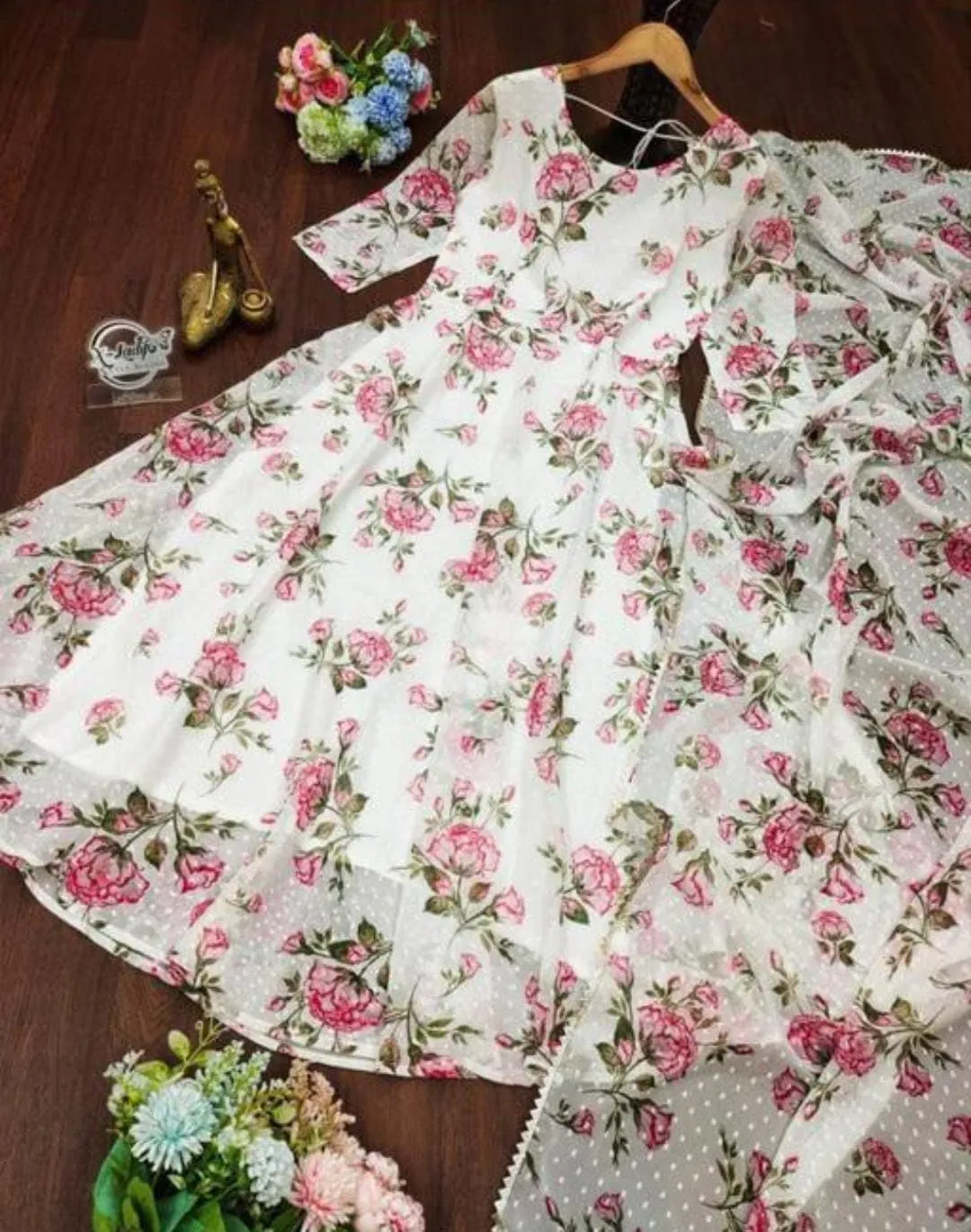Women's Wear White Colour Georgette  Printed Flared Long Dress